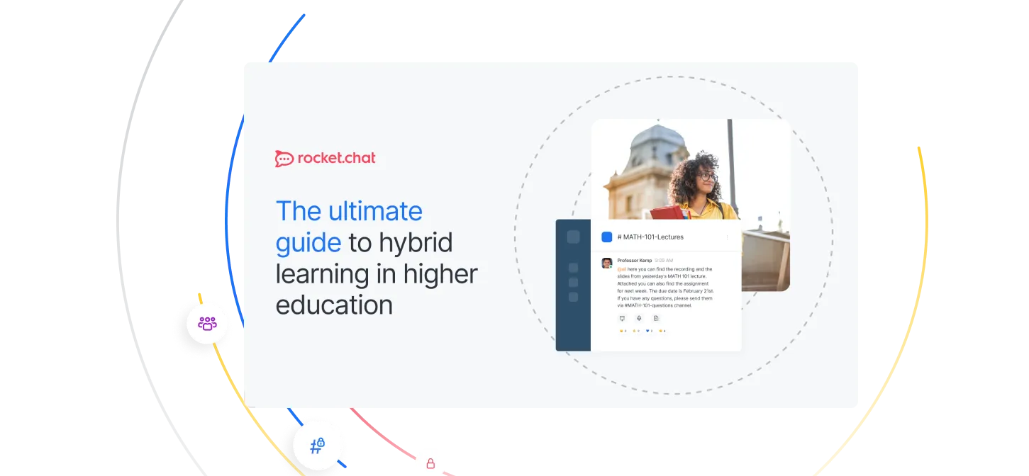 Rocket.Chat banner showing a guide to hybrid learning in higher education with a chat interface and a woman with curly hair holding folders.