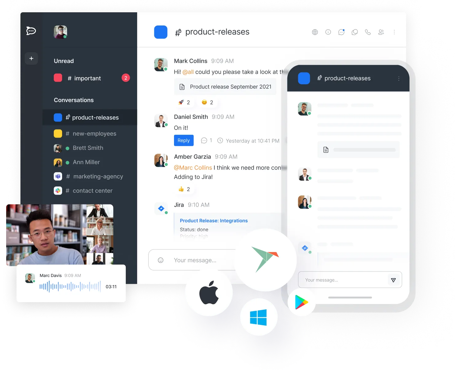 Screenshot of a team communication app showing a product-releases chat with messages, profile pictures, and video call, alongside mobile app view and platform icons for Apple, Windows, and Android.