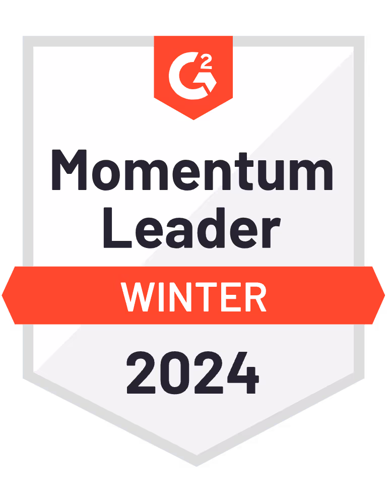 G2 Momentum Leader Winter 2024 badge with white and orange design.