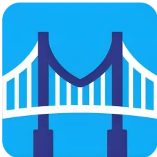 Simplified graphic of a suspension bridge on a blue background.