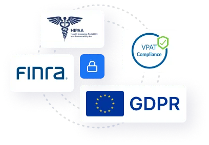 Logos and icons representing HIPAA, FINRA, GDPR, and VPAT Compliance for regulatory and security standards.