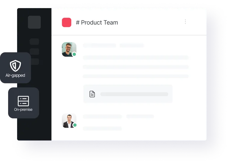 User interface of a chat application showing a conversation in the # Product Team channel with user avatars and status indicators, alongside labels 'Air-gapped' and 'On-premise.'