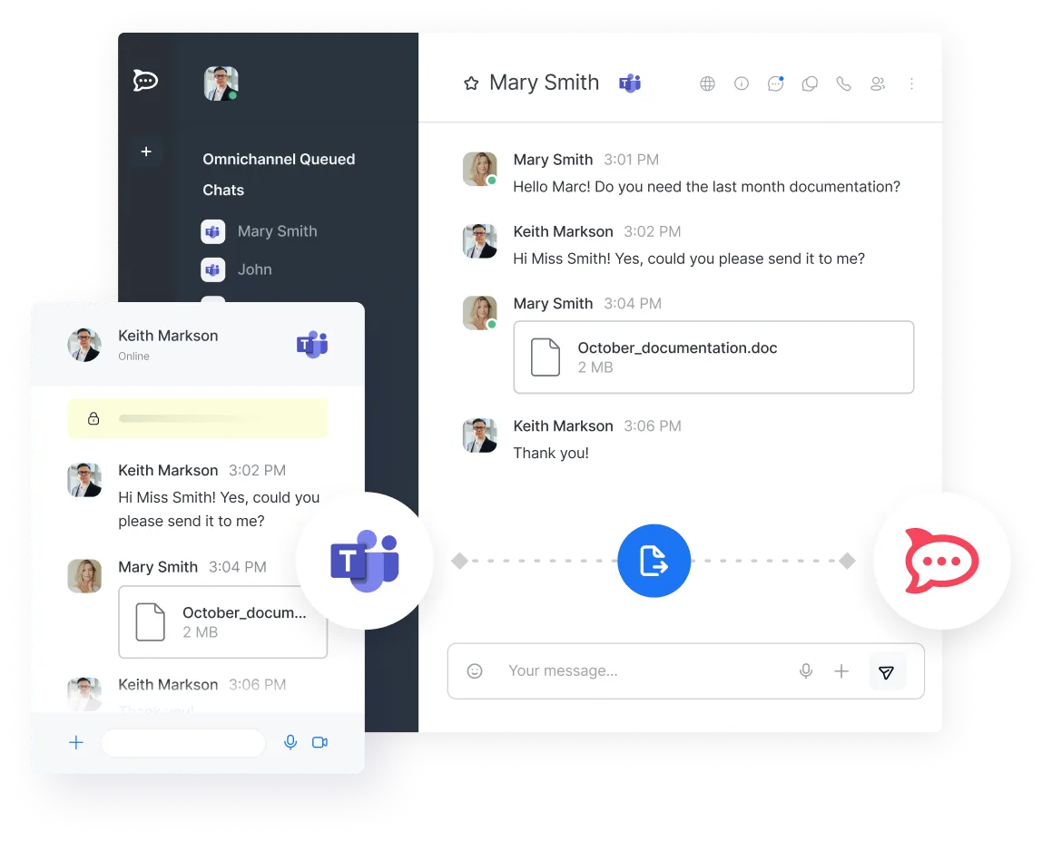 Chat interface showing a conversation between Mary Smith and Keith Markson exchanging a document named October_documentation.doc via Teams integration.