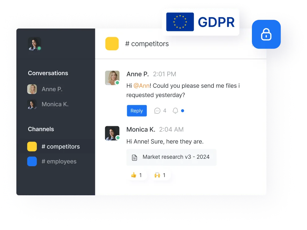 Chat interface showing GDPR compliance with two users discussing files in the #competitors channel, including a shared document named Market research v3 - 2024.