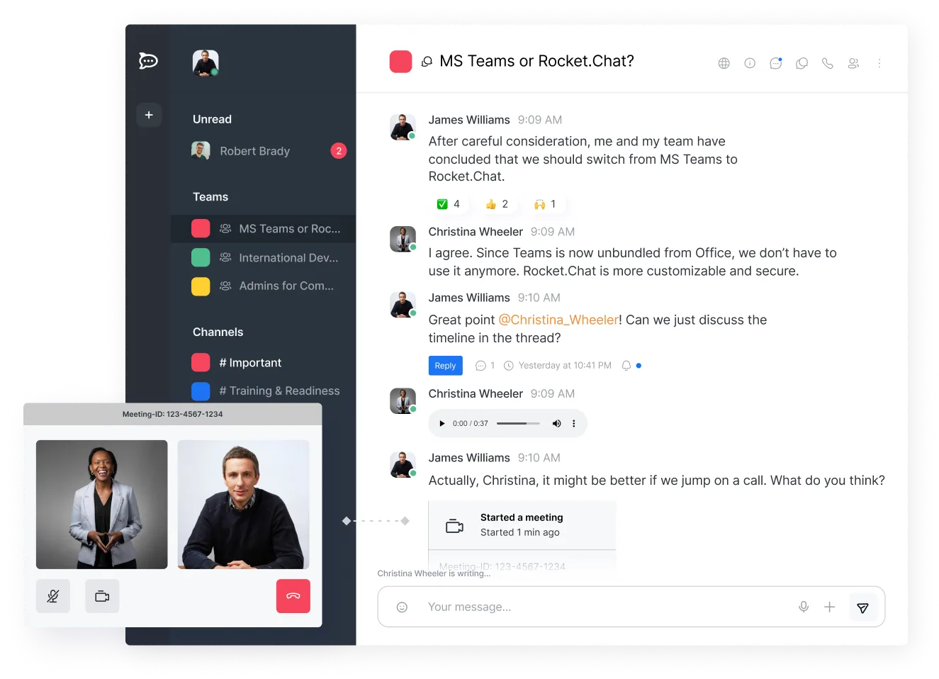 Chat interface showing a conversation about switching from MS Teams to Rocket.Chat, with user avatars, reactions, an audio clip, and an active video call window with two participants.