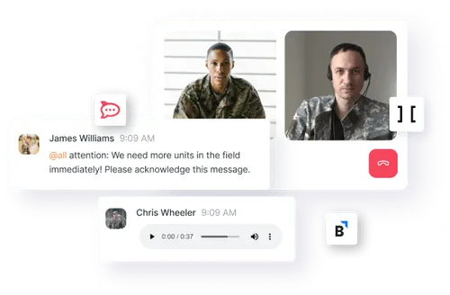 Video call interface showing two people in military uniforms, a chat message from James Williams requesting more units in the field, and an audio message from Chris Wheeler.