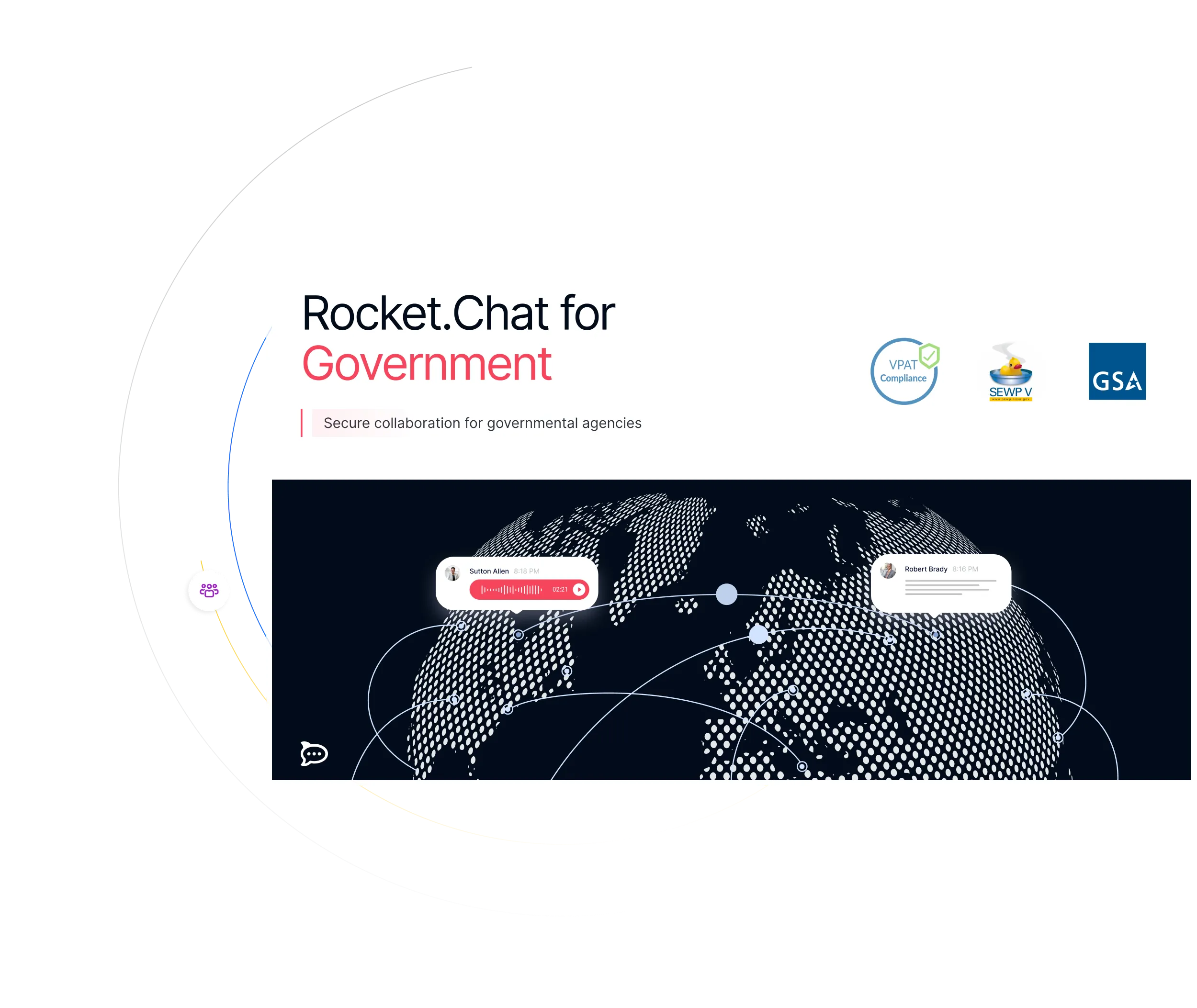 Rocket.Chat for Government secure collaboration platform with global network visualization and compliance logos.