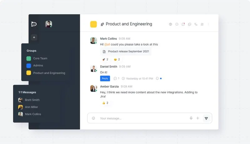 Screenshot of a messaging app showing a Product and Engineering group chat with messages from Mark Collins, Daniel Smith, and Amber Garzia discussing product release and integrations.