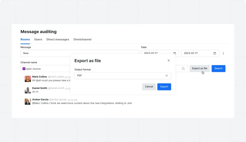 Message auditing interface showing chat messages in an open-source channel with an export as file dialog open to select PDF output format.