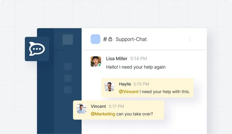 Chat interface showing messages in a Support-Chat channel where Lisa Miller asks for help, Haylie mentions Vincent, and Vincent asks Marketing to take over.