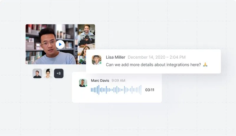 Messaging interface showing a video call with multiple participants, a text message from Lisa Miller asking about adding integration details, and an audio message from Marc Davis.