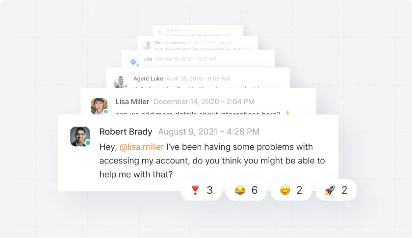 Stack of chat messages with the front message from Robert Brady asking for help accessing his account, with emoji reactions below.