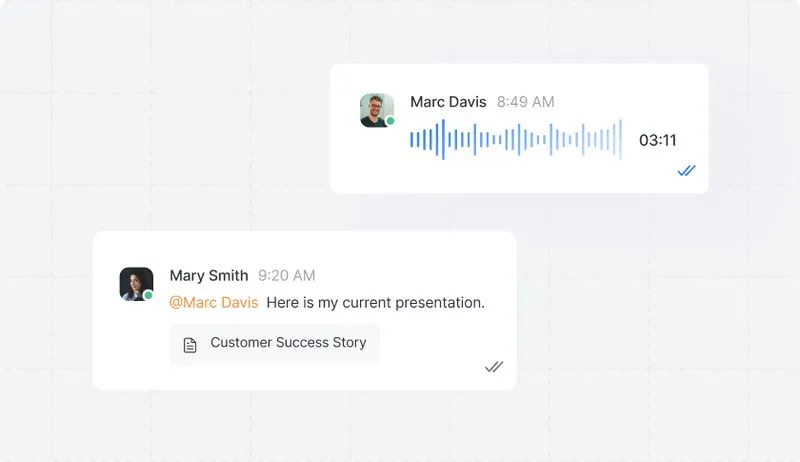 Chat messages showing Marc Davis sending a 3-minute voice message at 8:49 AM with read receipt, and Mary Smith replying at 9:20 AM with a tagged mention of Marc Davis and a file titled Customer Success Story, both messages with read receipts.