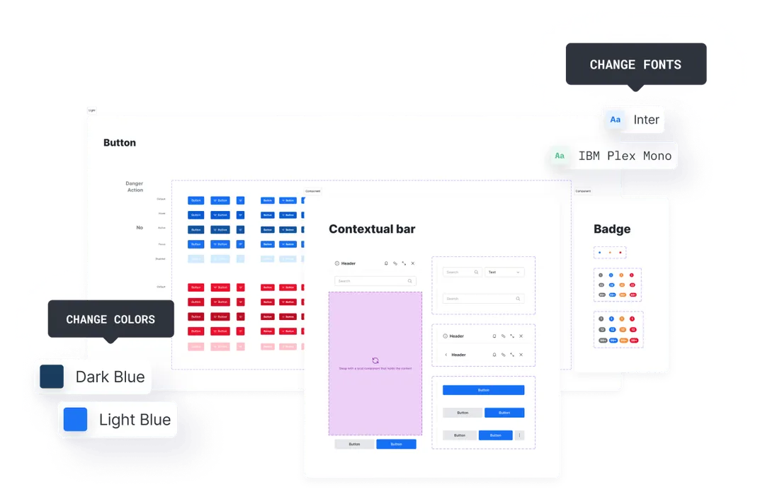User interface design screens showing button styles in red and blue, a contextual bar layout, and badge examples, with color options for dark and light blue and font choices Inter and IBM Plex Mono.
