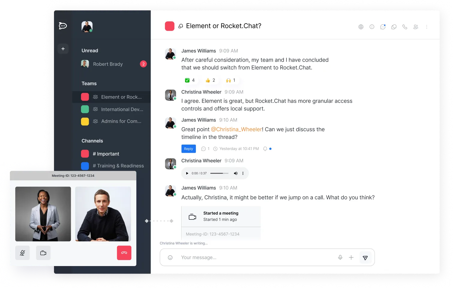 Chat interface showing a team discussion about switching from Element to Rocket.Chat, including text, reactions, audio message, and a video call window with two participants.