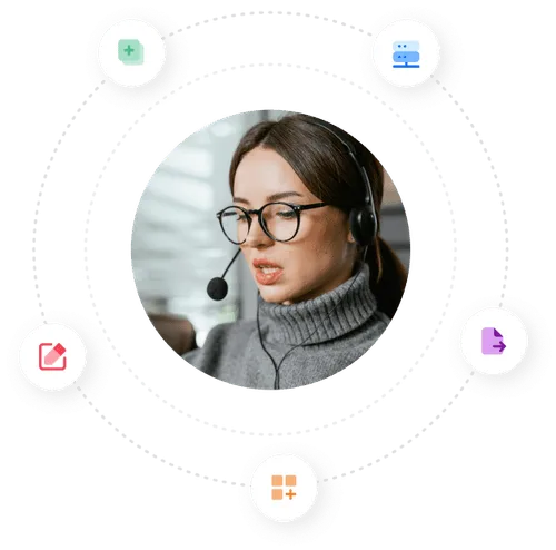 Woman wearing glasses and a headset speaking, surrounded by icons representing tasks such as adding, editing, managing, and exporting in a circular layout.
