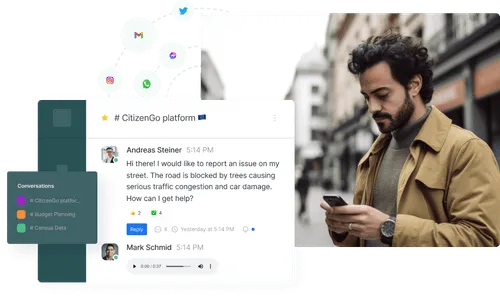 Man in tan coat reading a message on his phone about a road blocked by trees causing traffic congestion, with a chat interface in the foreground showing conversation details.