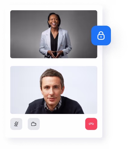 Video call screen showing a smiling woman in a light blazer above and a man in a dark sweater below, with call control icons.