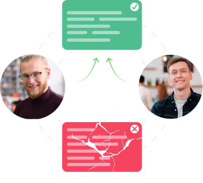 Diagram showing positive feedback with a green notification and two smiling men, and negative feedback with a cracked red notification connecting them.