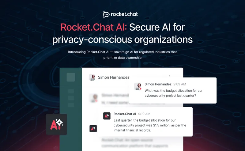 Rocket.Chat AI interface showing a conversation about budget allocation for a cybersecurity project, emphasizing secure AI for privacy-conscious organizations.