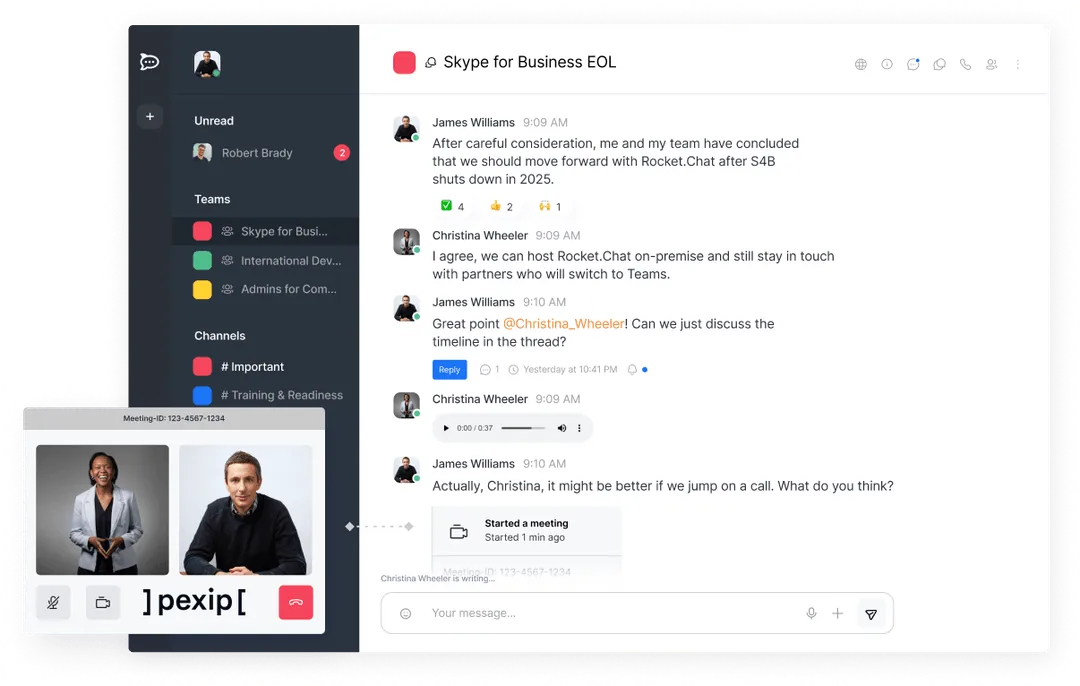 Chat interface discussing Skype for Business EOL with messages about moving to Rocket.Chat and hosting options, plus a video call window showing two participants.