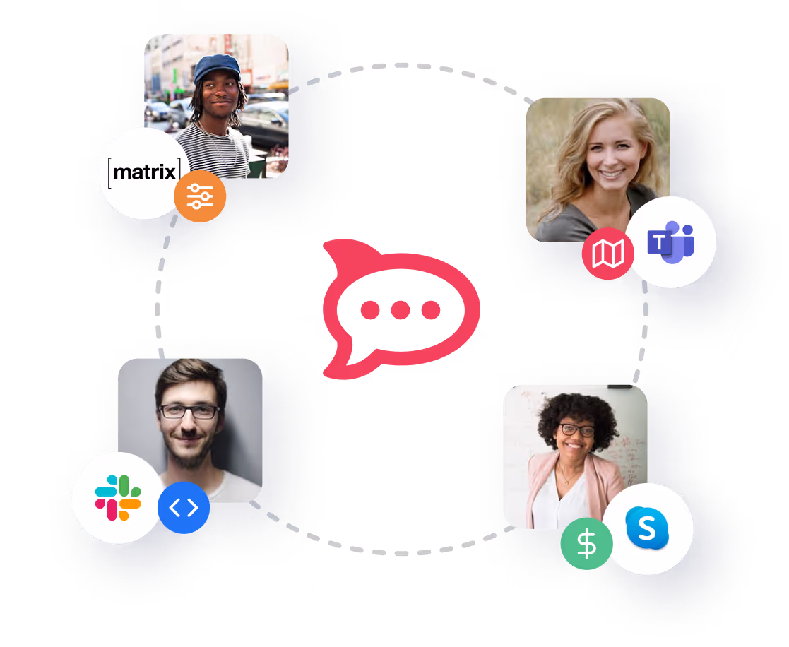 Graphic showing diverse people connected by dashed lines around a central red speech bubble, each person associated with different communication and collaboration app icons.