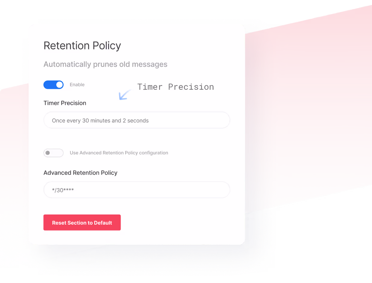 Retention Policy settings window showing enabled timer precision set to once every 30 minutes and 2 seconds, and disabled advanced retention policy configuration with a reset button.