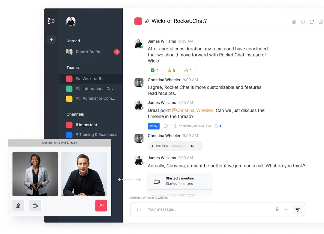 Chat interface comparing Wickr and Rocket.Chat with messages discussing choosing Rocket.Chat, featuring participant icons, reactions, a voice message, and an active video call window with two people.