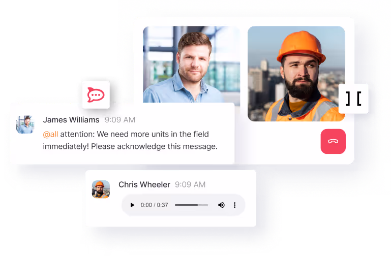 Interface showing an end-to-end encrypted chat with two men communicating; one sends a text message requesting more field units, and the other has an audio message player.