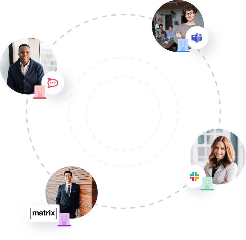 Four circular portraits of diverse professionals connected by dotted lines, each with messaging platform icons including Microsoft Teams, Slack, Matrix, and a chat bubble.