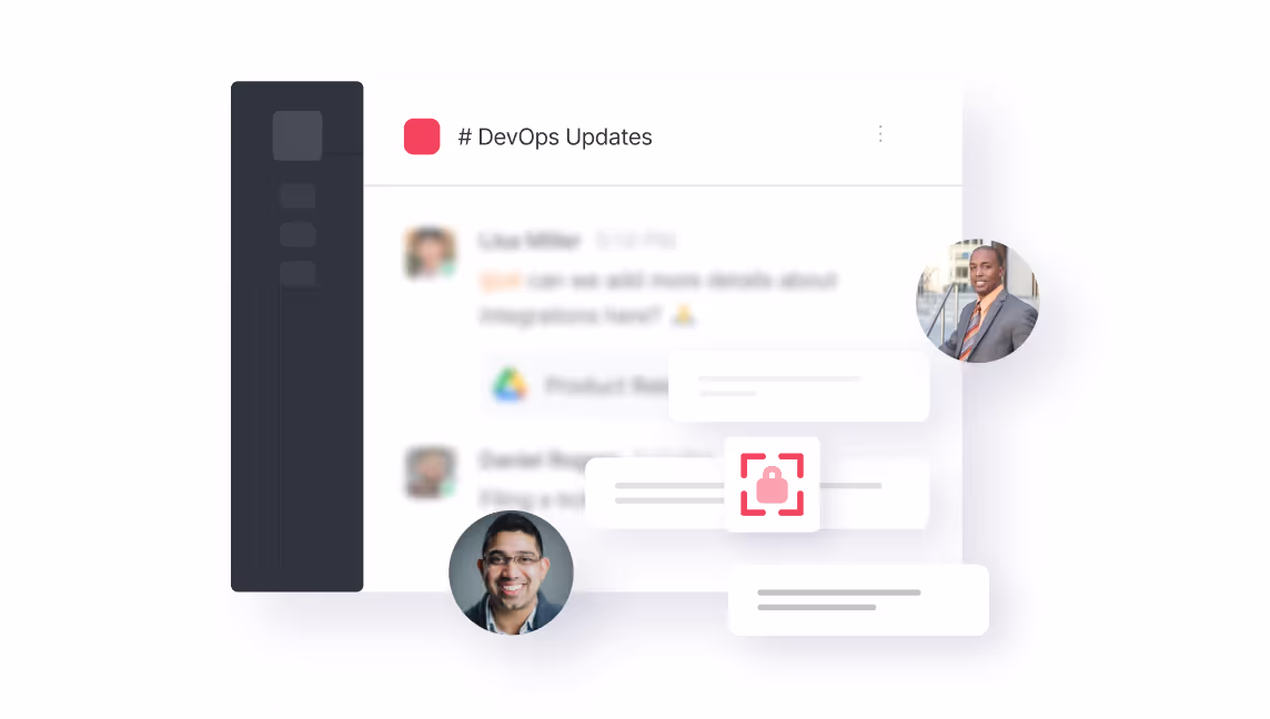 Chat interface labeled DevOps Updates with blurred messages, two user profile pictures, and a red locked padlock icon indicating secure communication.
