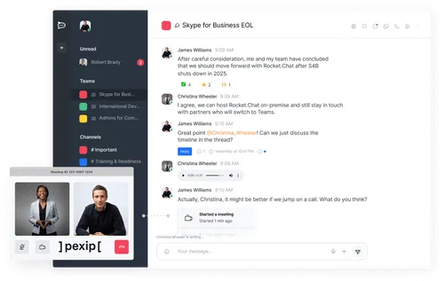 Screenshot of a Rocket.Chat interface showing a conversation about moving from Skype for Business, with user avatars, message reactions, and a video call window with two participants.