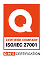 Orange square icon with white letter Q and ISO/IEC 27001 Certified text below.