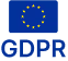 European Union flag with yellow stars surrounding the blue letters GDPR.