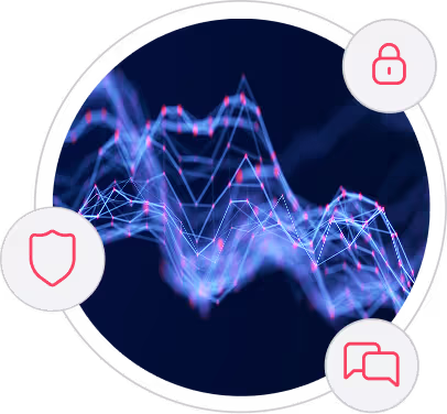 Abstract 3D digital wave with connected points and lines in blue and pink, overlaid with shield, lock, and chat icons.