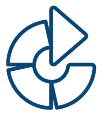 Blue circular pie chart icon with an upward-pointing arrow integrated in the design.