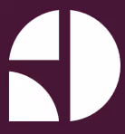 Abstract geometric design with white shapes forming a stylized letter 'D' on a dark purple background.