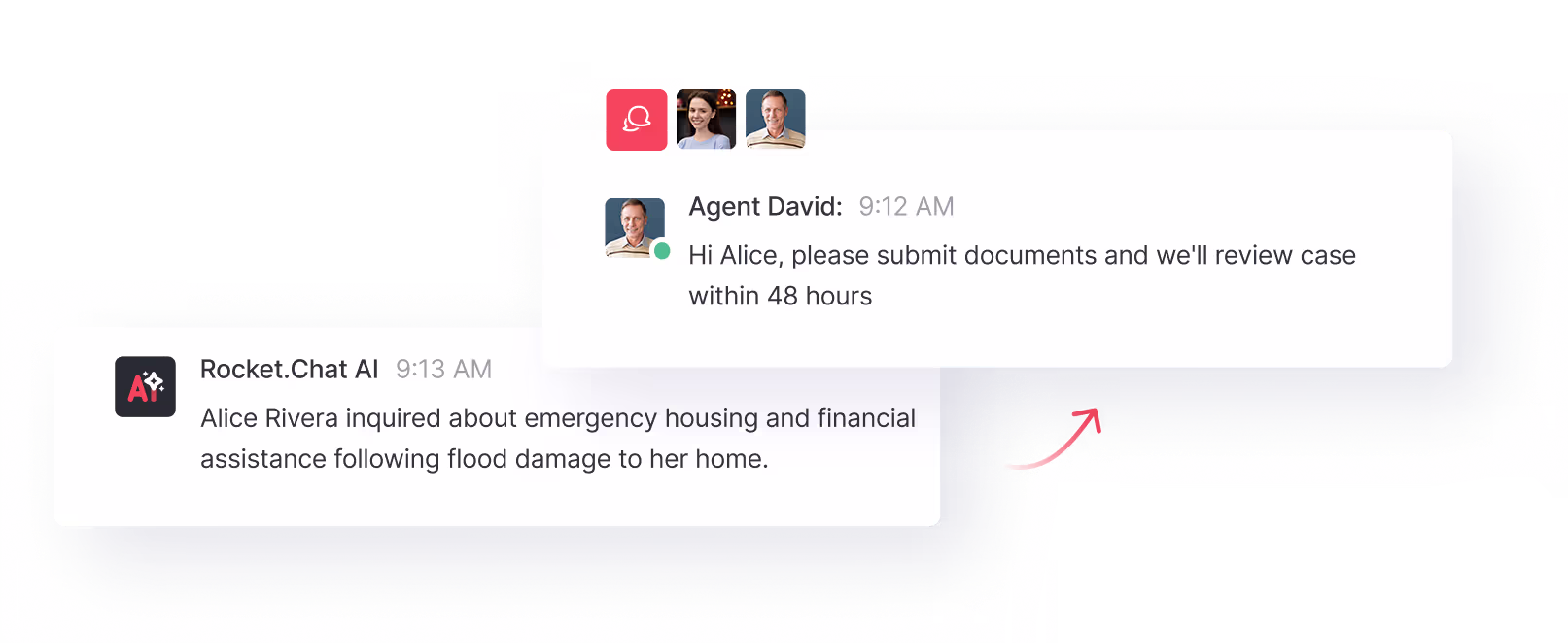 Chat conversation showing Rocket.Chat AI reporting Alice Rivera's inquiry about emergency housing and financial assistance after flood damage, followed by Agent David asking Alice to submit documents for case review within 48 hours.