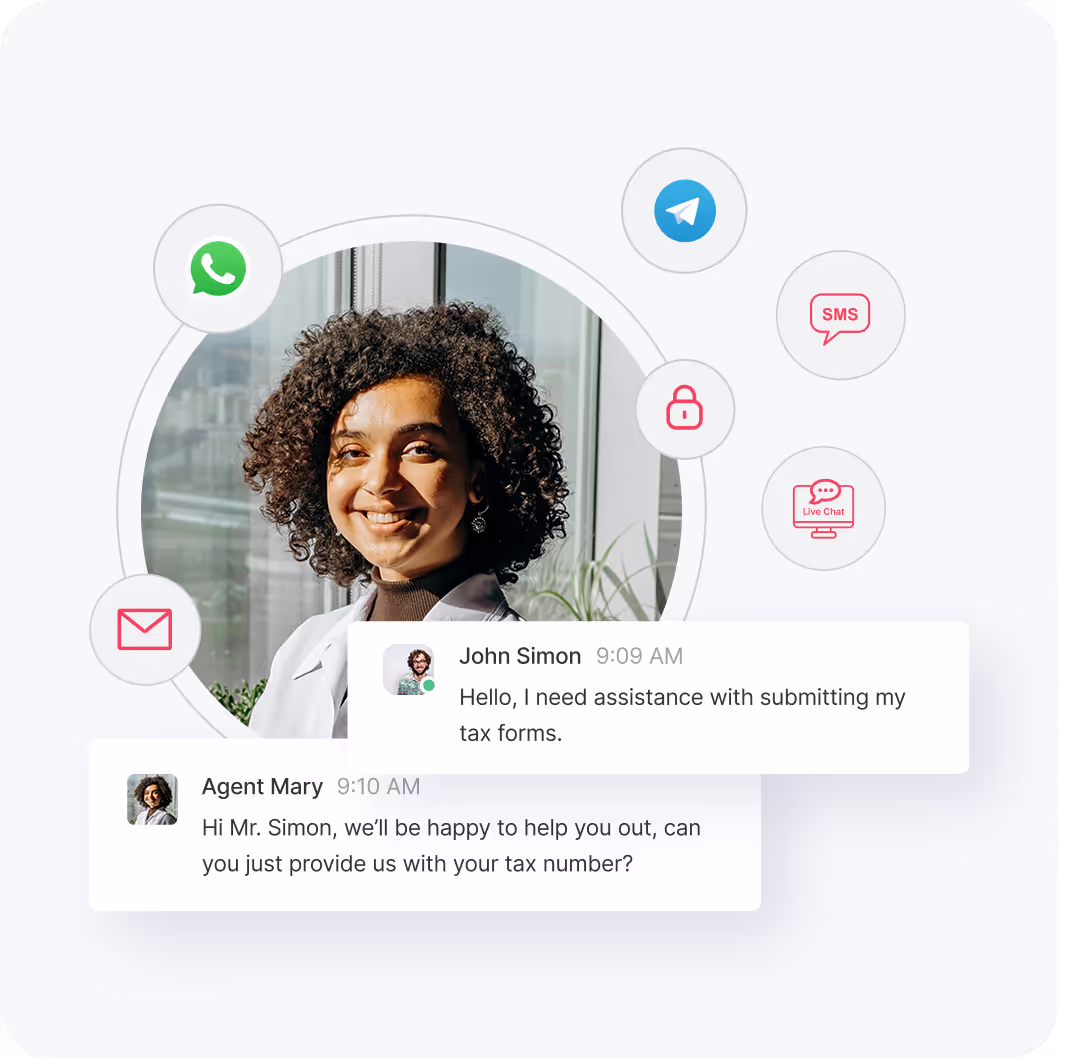 Customer service agent smiling in front of a window, surrounded by chat and messaging icons with a conversation about tax form assistance.
