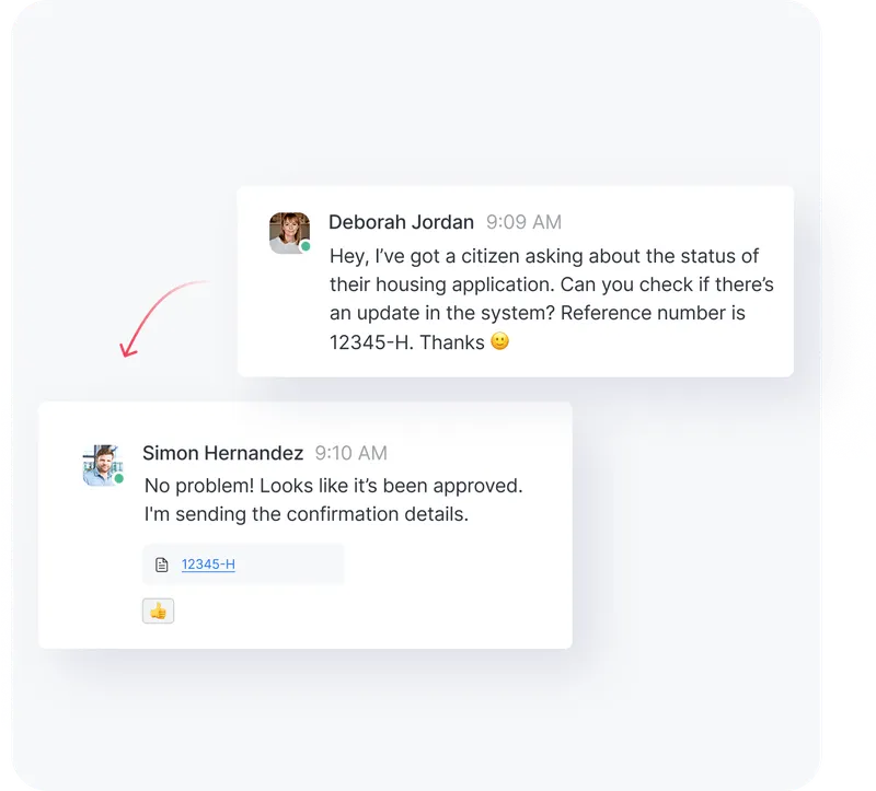 Chat conversation where Deborah Jordan asks about the status of a housing application with reference number 12345-H, and Simon Hernandez replies that it has been approved and sends confirmation details with a thumbs-up emoji.