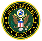 United States Army emblem featuring a bald eagle holding arrows and an olive branch inside a black circle with a gold border.