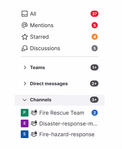 Messaging app sidebar showing notifications for All, Mentions, Starred, Discussions, Teams, Direct messages, and Channels with three channels listed: Fire Rescue Team, Disaster-response-m..., and Fire-hazard-response.
