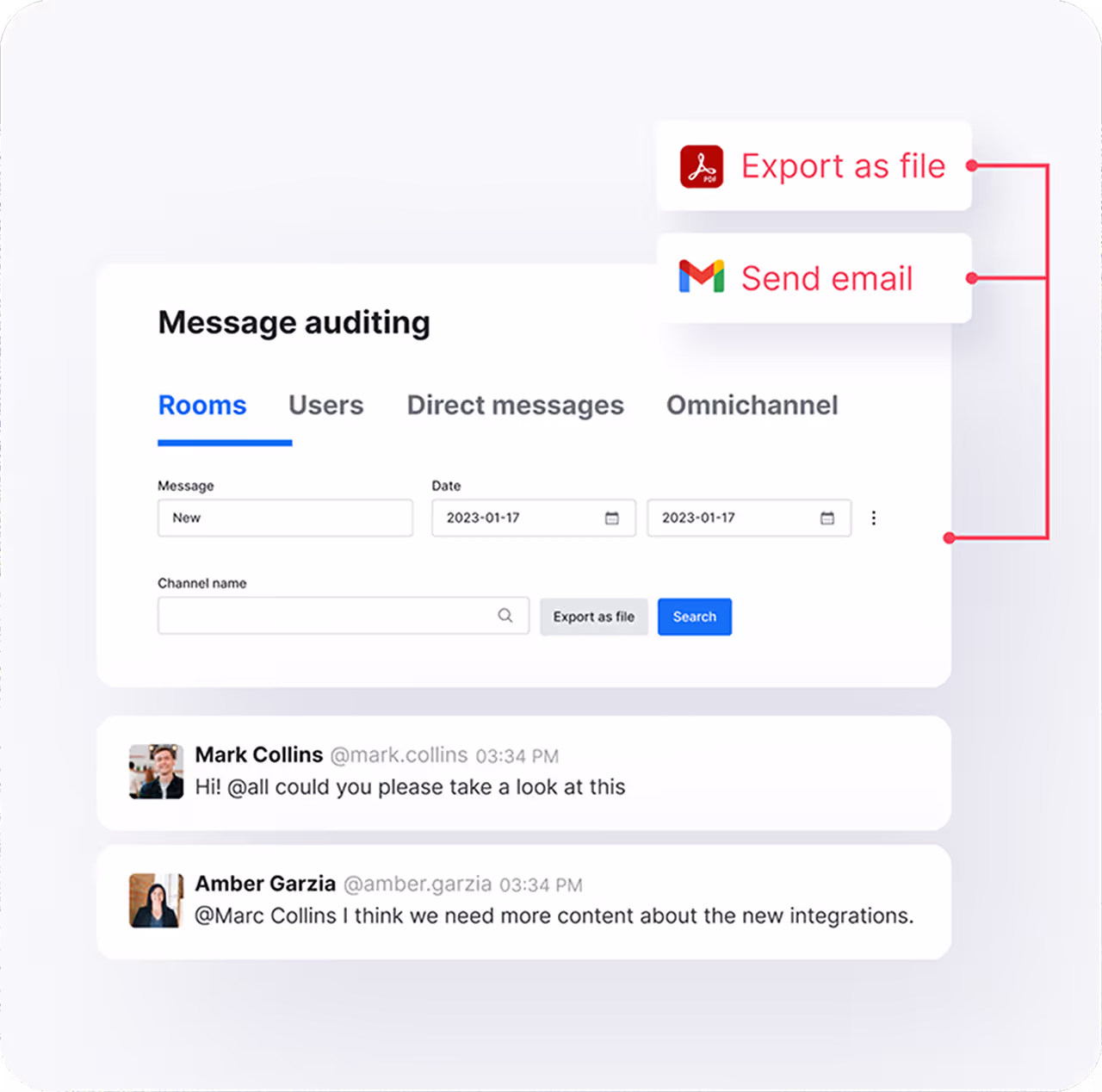 Message auditing interface showing tabs for Rooms, Users, Direct messages, Omnichannel, with search filters and messaging conversation between Mark Collins and Amber Garcia.