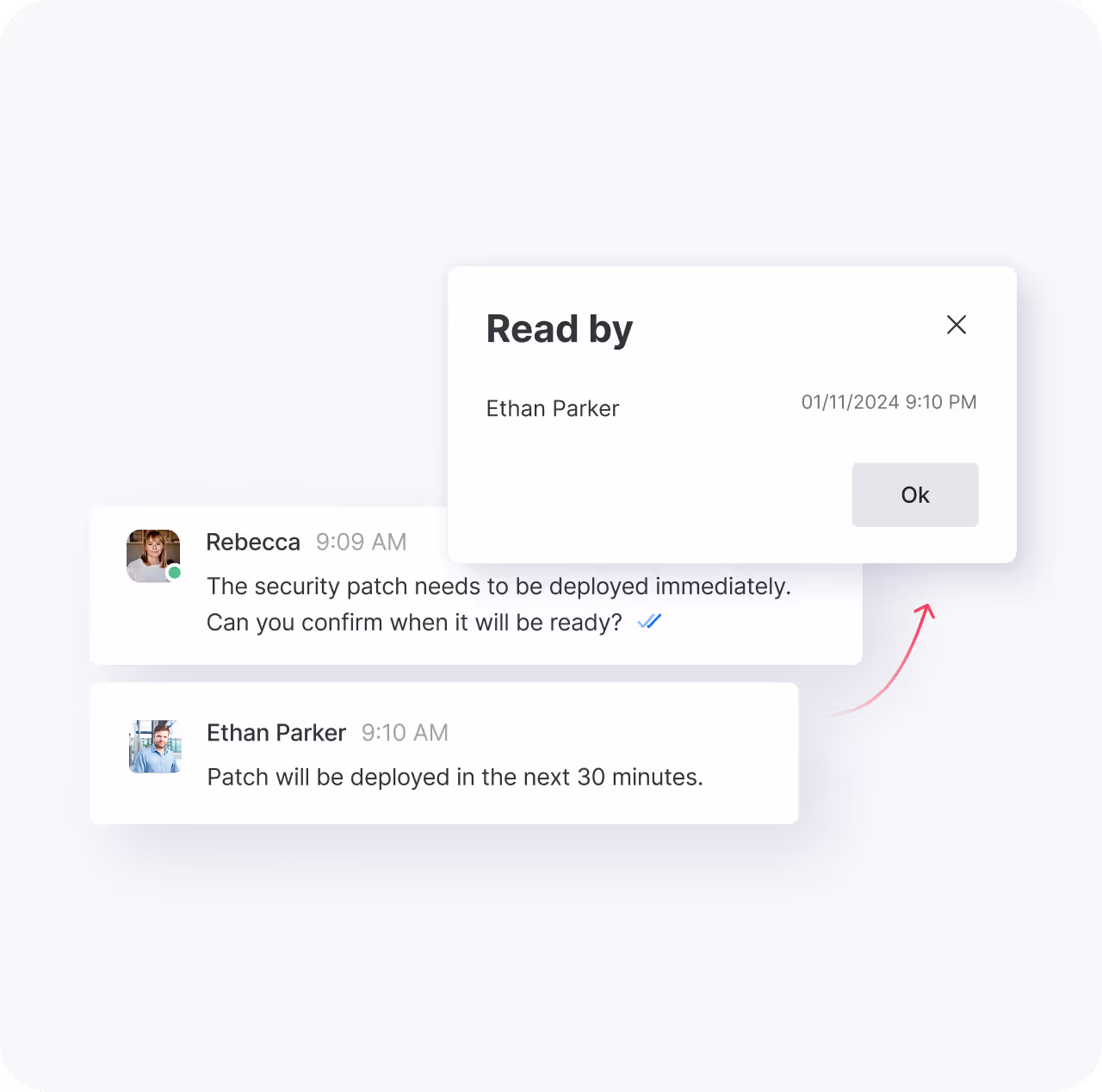 Chat conversation where Rebecca asks about deploying a security patch and Ethan Parker replies it will be deployed in 30 minutes, with a pop-up showing Ethan Parker read the message.