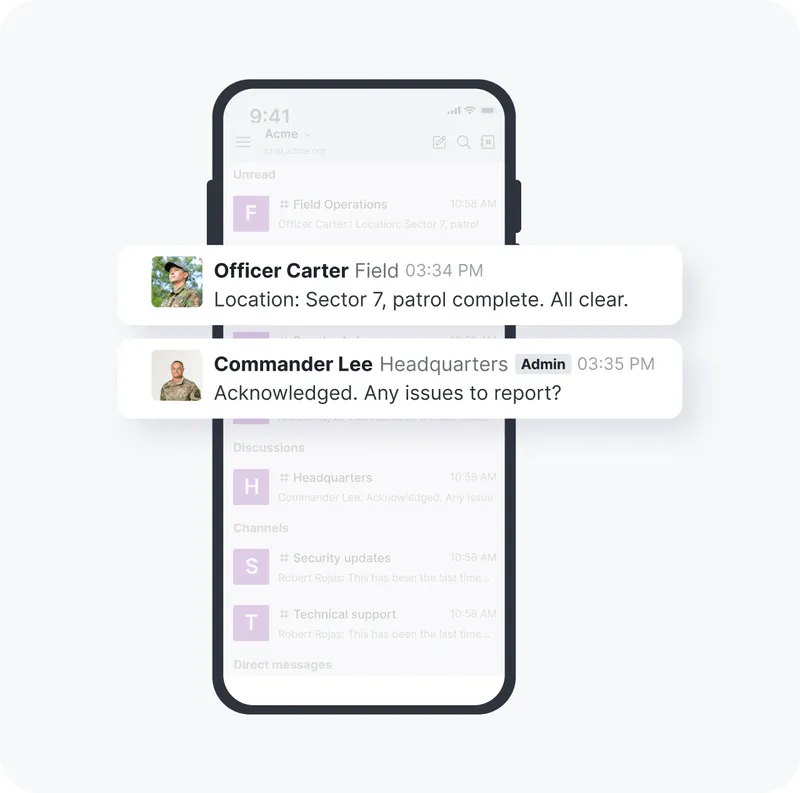 Smartphone screen showing a messaging app with messages from Officer Carter reporting patrol complete and Commander Lee asking for any issues to report.