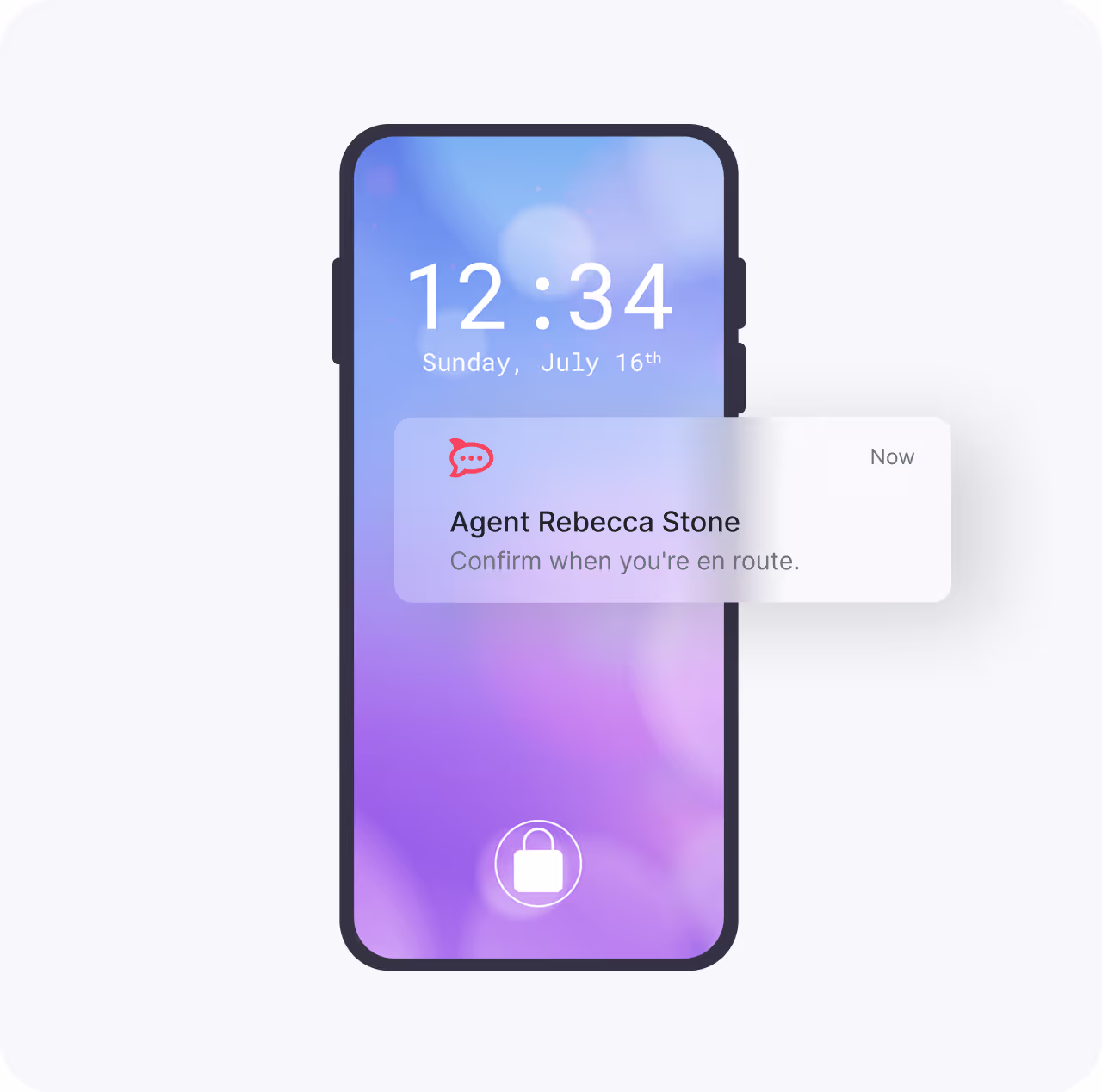 Smartphone lock screen showing the time 12:34 and date Sunday, July 16th with a notification from Agent Rebecca Stone saying 'Confirm when you're en route.'
