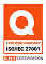 Orange and white ISO/IEC 27001 certification badge.