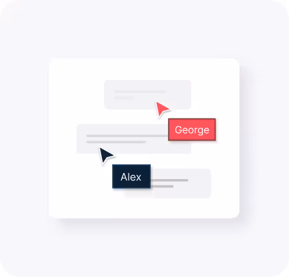 Chat interface with two cursor pointers labeled George in red and Alex in dark blue interacting with messages.