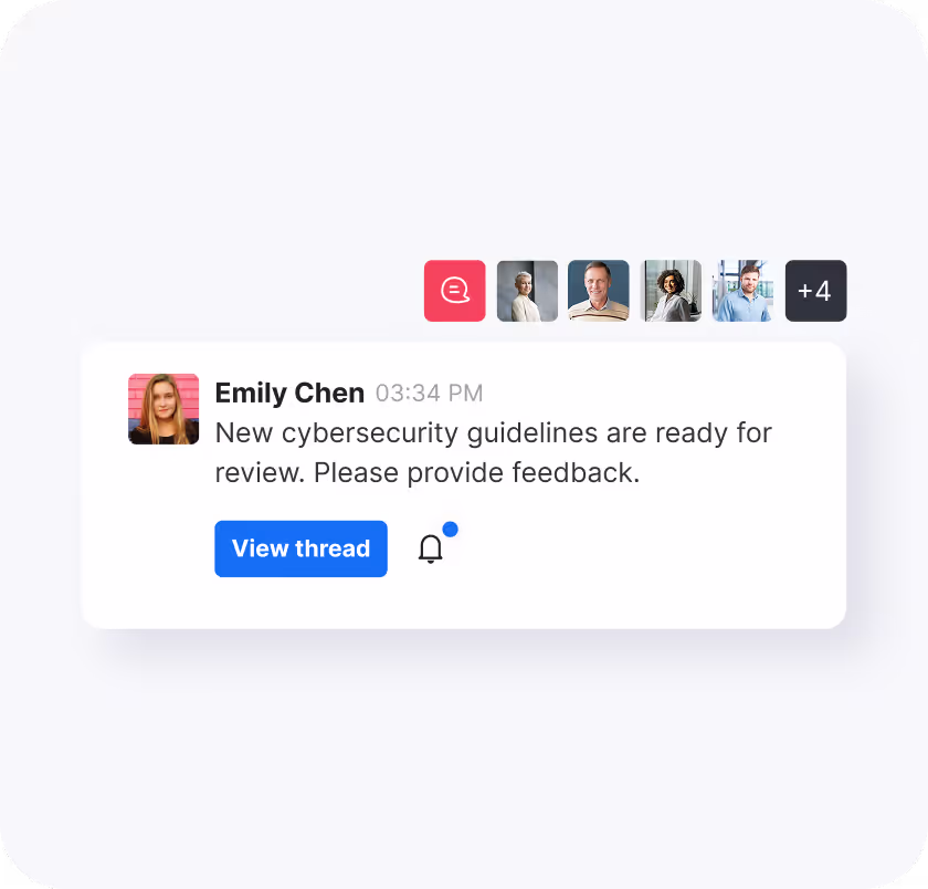 Chat notification from Emily Chen at 03:34 PM requesting feedback on new cybersecurity guidelines, with a View thread button and notification bell icon.