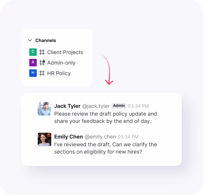 Chat interface showing channels Client Projects, Admin-only, and HR Policy, with a conversation where Jack Tyler asks for feedback on a draft policy update and Emily Chen requests clarification on eligibility for new hires.